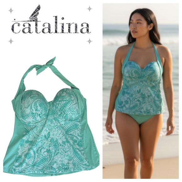 Collections By Catalina Other - New Catalina Tankini Swimsuit Top 1X 16 18 Teal Turquoise Floral Paisley Halter